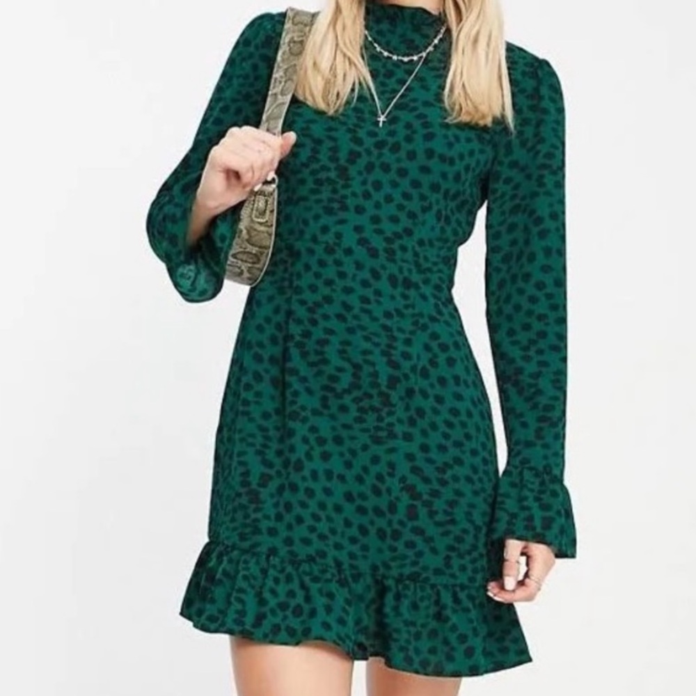 ASOS DESIGN mini dress with fluted 3/4 sleeve, green print, petite